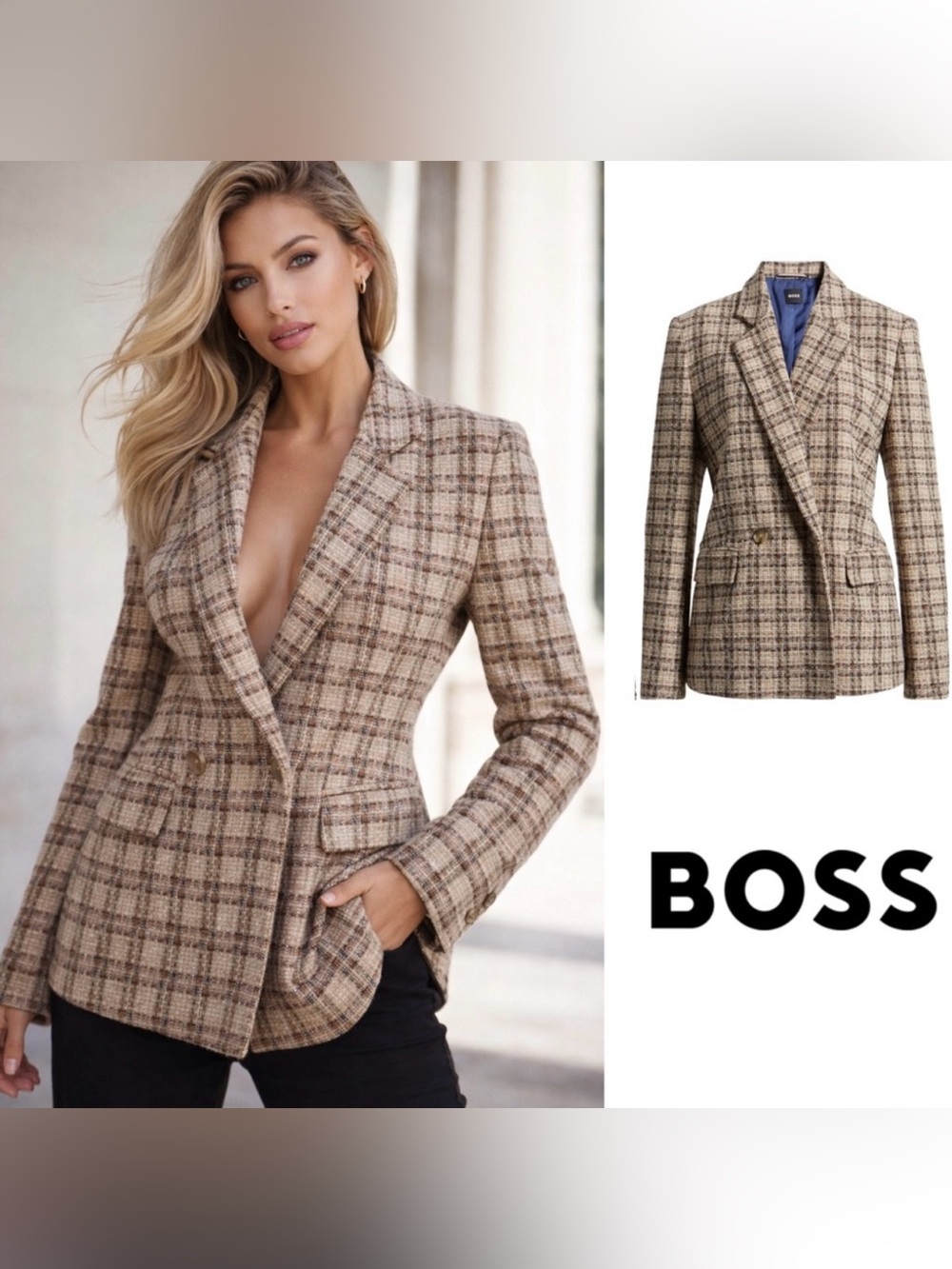 NEW Boss Janka Double Breasted Checkered Blazer